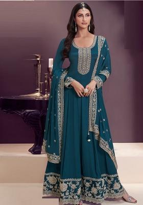 Teal Embroidered Silk Anarkali Set