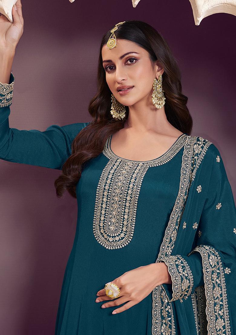 Teal Embroidered Silk Anarkali Set - Indya