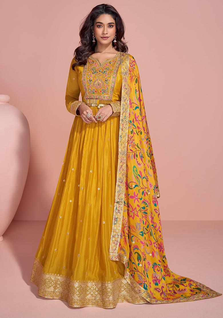 Yellow Embroidered Silk Anarkali Set