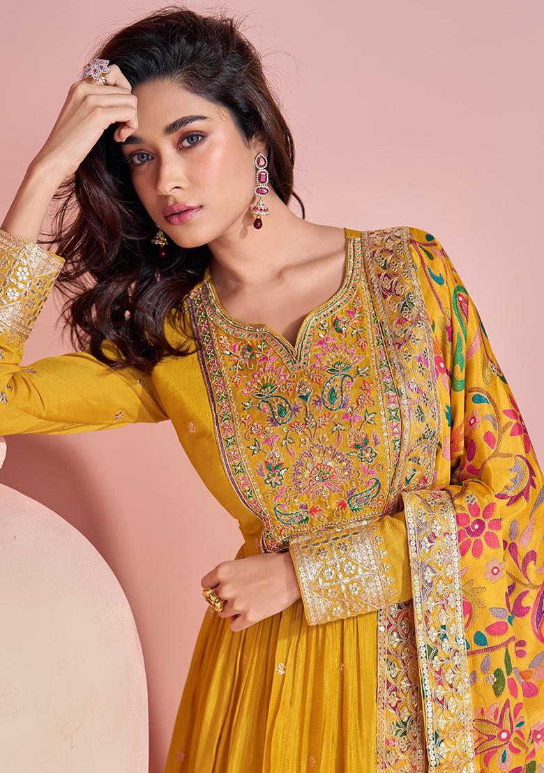 Yellow Embroidered Silk Anarkali Set - Indya