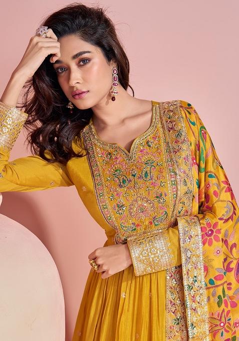 Yellow Embroidered Silk Anarkali Set