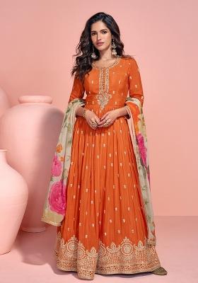Orange Embroidered Silk Anarkali Set