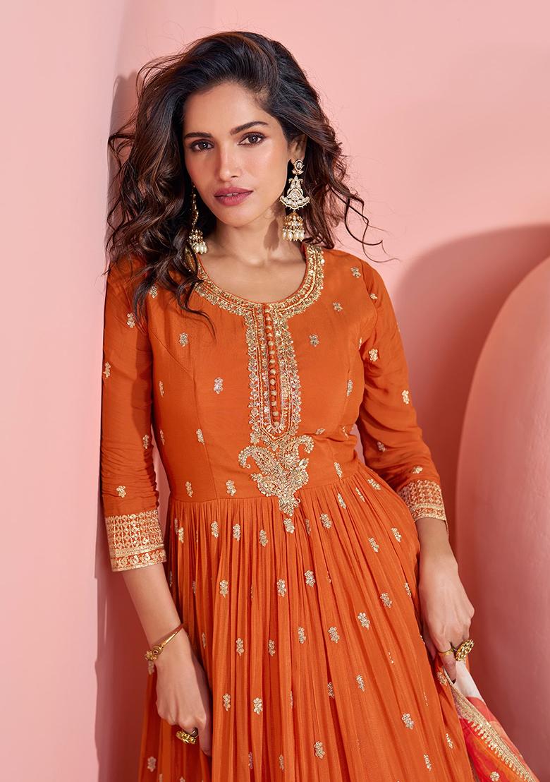 Orange Embroidered Silk Anarkali Set - Indya