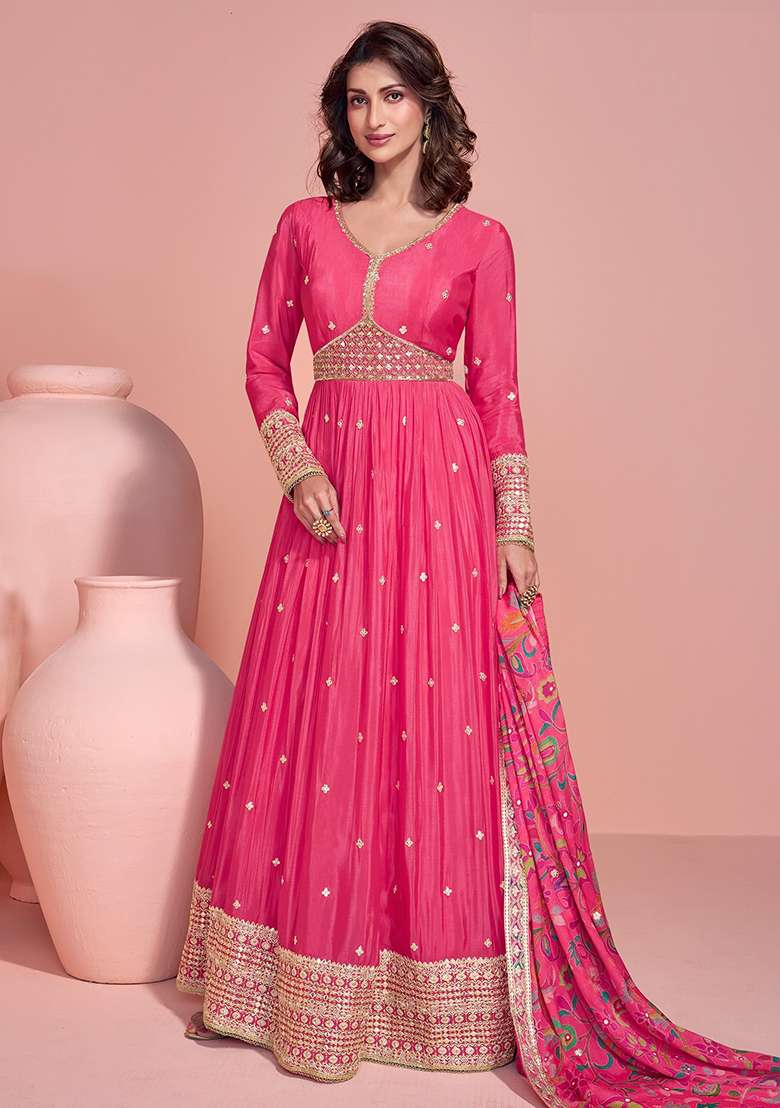 Pink Embroidered Silk Anarkali With Dupatta - Indya
