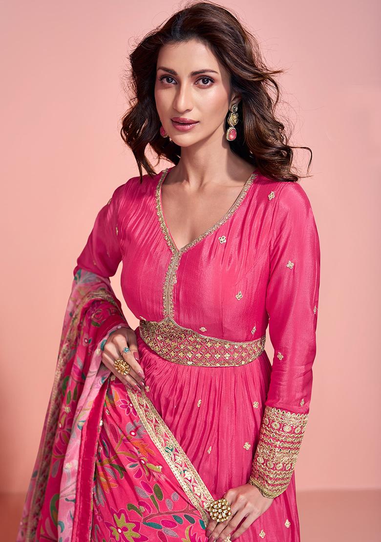 Pink Embroidered Silk Anarkali Set - Indya