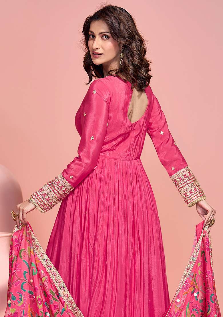 Pink Embroidered Silk Anarkali With Dupatta - Indya