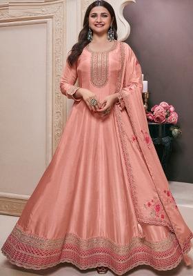 Peach Embroidered Georgette Anarkali Set