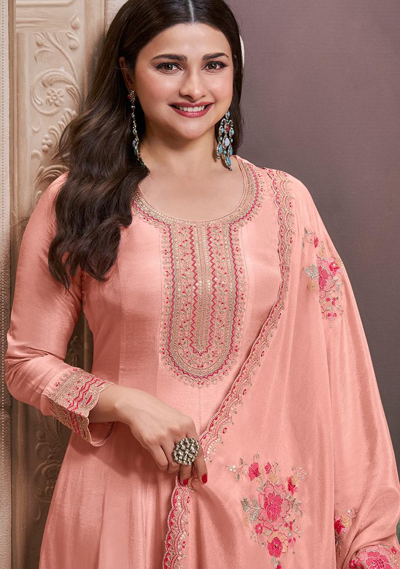 Peach Embroidered Georgette Anarkali Set - Indya