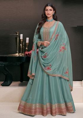 Teal Embroidered Georgette Anarkali Set