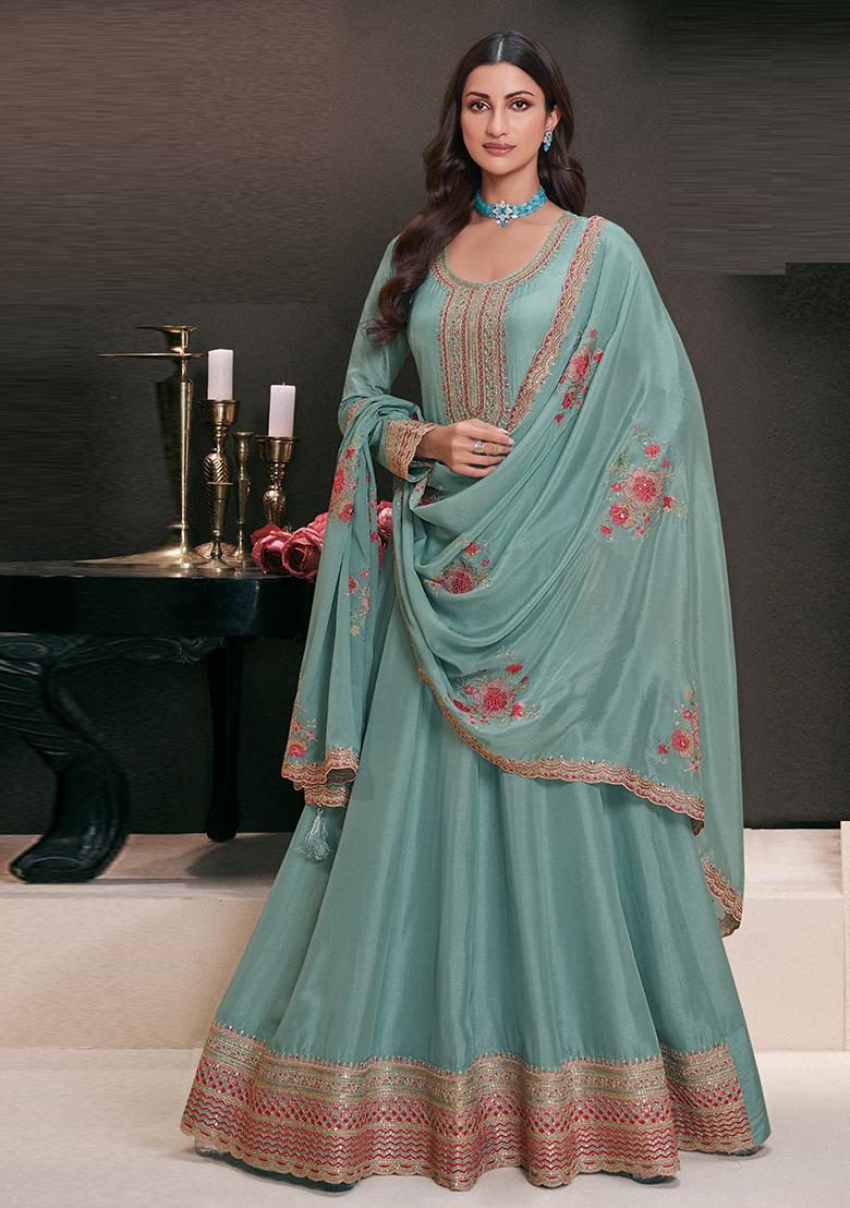 Teal Embroidered Georgette Anarkali Set - Indya