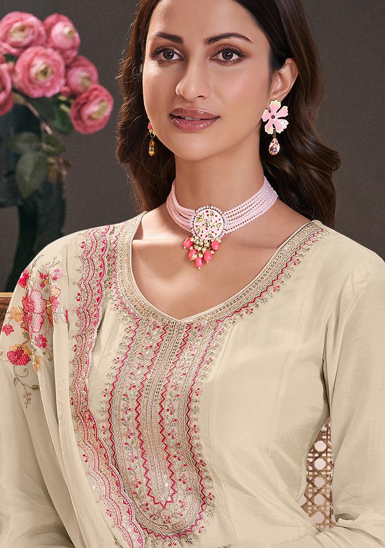 Cream Embroidered Georgette Anarkali Set - Indya