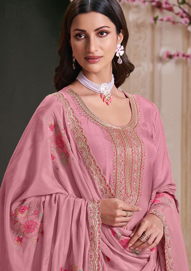 Pink Embroidered Georgette Anarkali Set - Indya