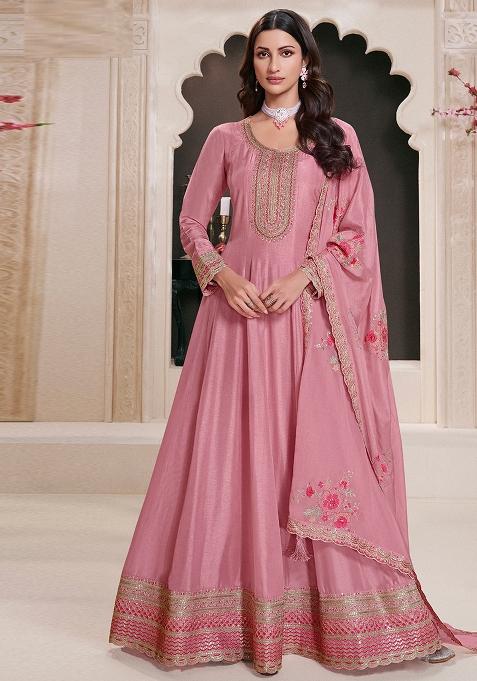 Pink Embroidered Georgette Anarkali With Dupatta