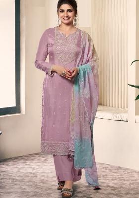 Lavender Embroidered Shiffon Salwar Kameez With Dupatta