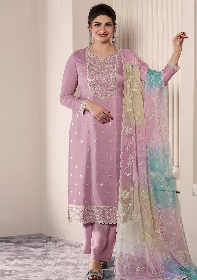 Lavender Embroidered Shiffon Salwar Kameez With Dupatta - Indya