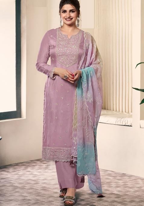 Lavender Embroidered Chiffon Straight Kurta Set