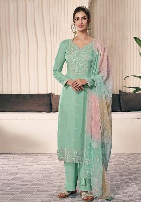 Green Embroidered Shiffon Salwar Kameez With Dupatta
