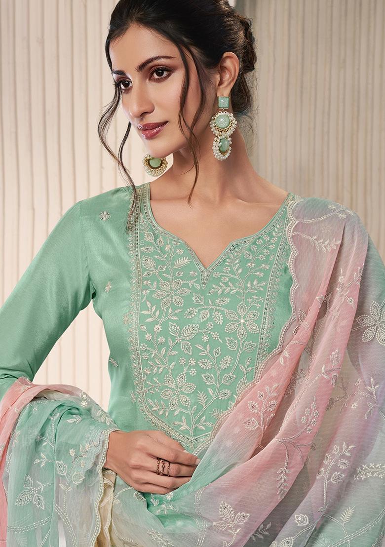 Green Embroidered Shiffon Salwar Kameez With Dupatta - Indya