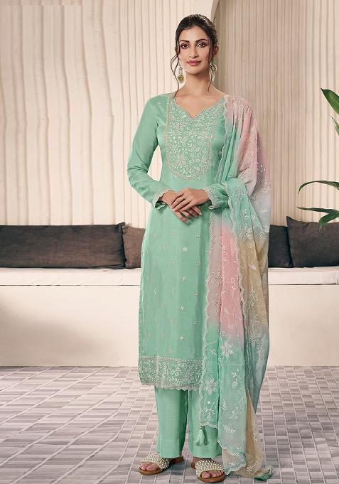 Green Embroidered Chiffon Straight Kurta Set