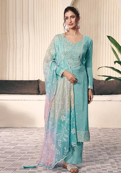 Aqua Blue Embroidered Chiffon Straight Kurta Set