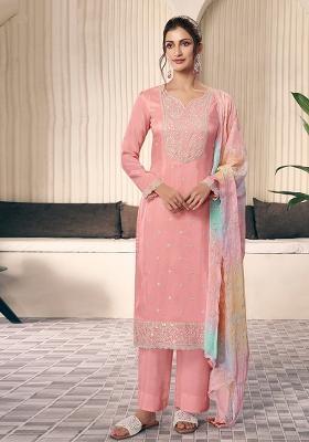 Peach Embroidered Shiffon Salwar Kameez With Dupatta