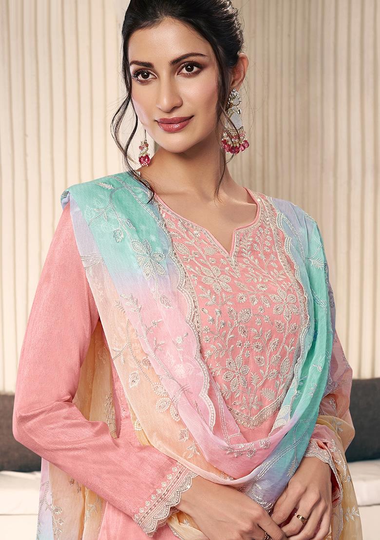 Peach Embroidered Shiffon Salwar Kameez With Dupatta - Indya