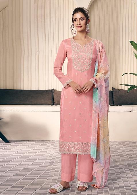 Peach Embroidered Shiffon Salwar Kameez With Dupatta