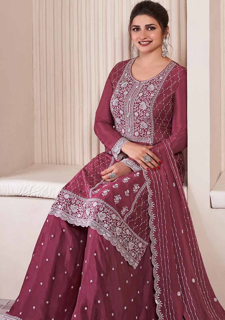 Maroon Embroidered Silk Sharara Set - Indya