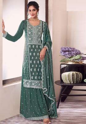Green Embroidered Silk Sharara Set
