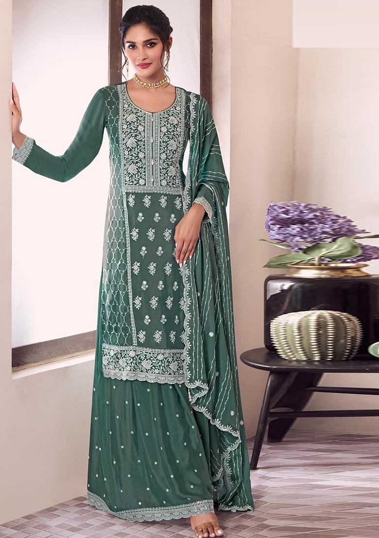 Green Embroidered Silk Sharara Set