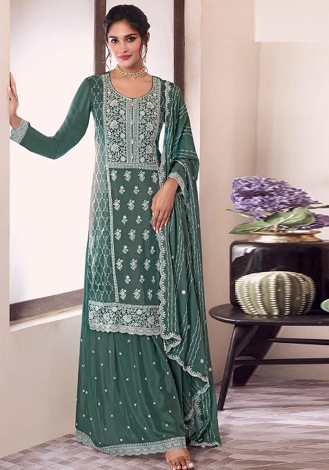 Green Embroidered Silk Sharara Set