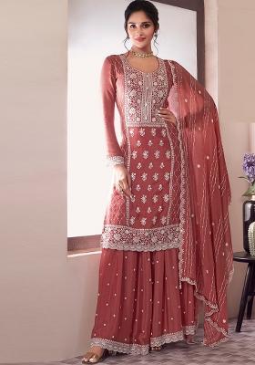 Peach Embroidered Silk Sharara Set