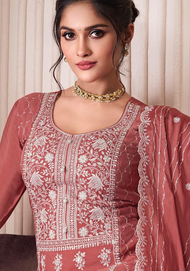 Peach Embroidered Silk Sharara Set - Indya