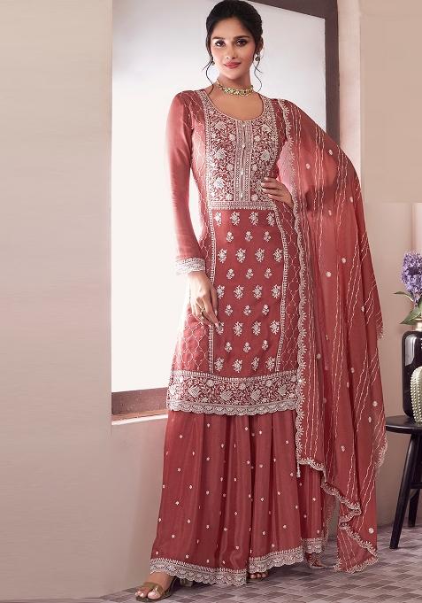 Peach Embroidered Silk Sharara Set