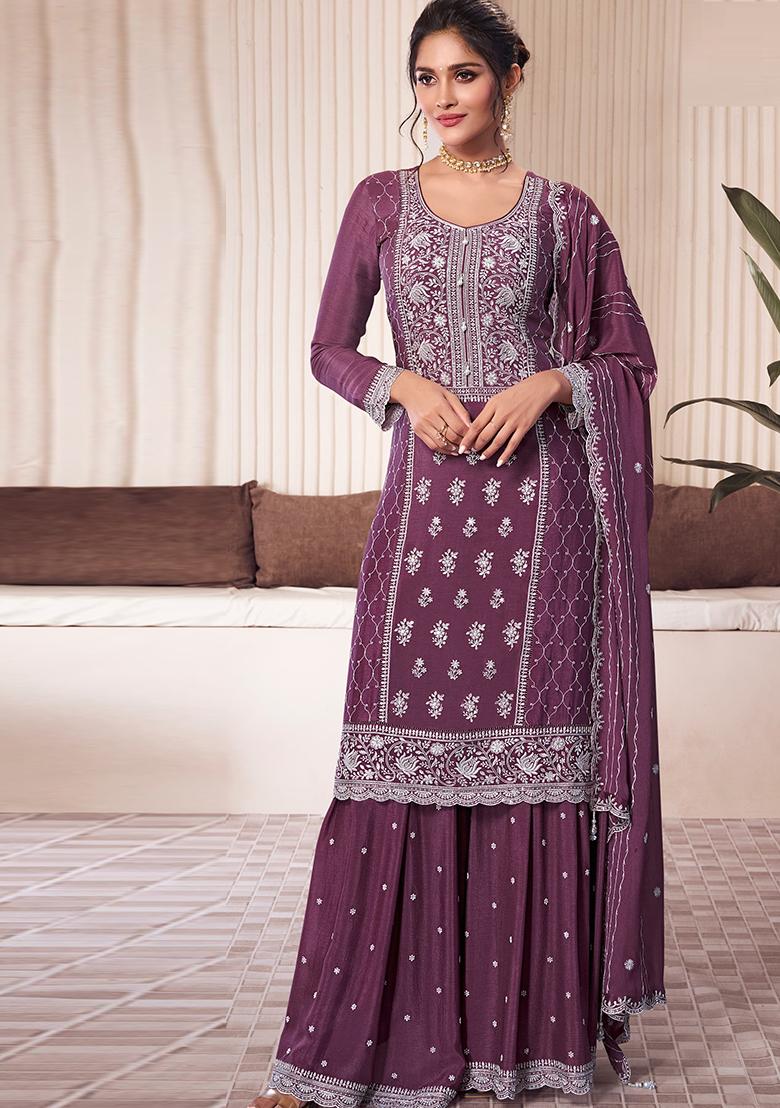 Wine Embroidered Silk Sharara Set