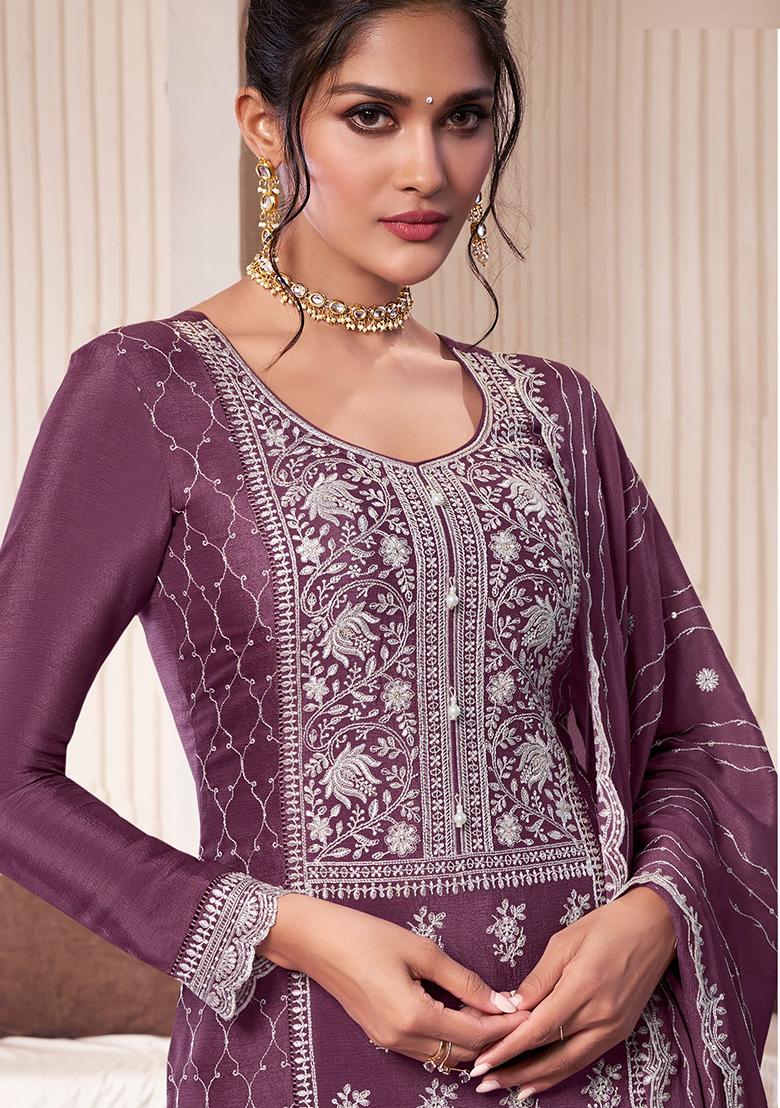 Wine Embroidered Silk Sharara Set