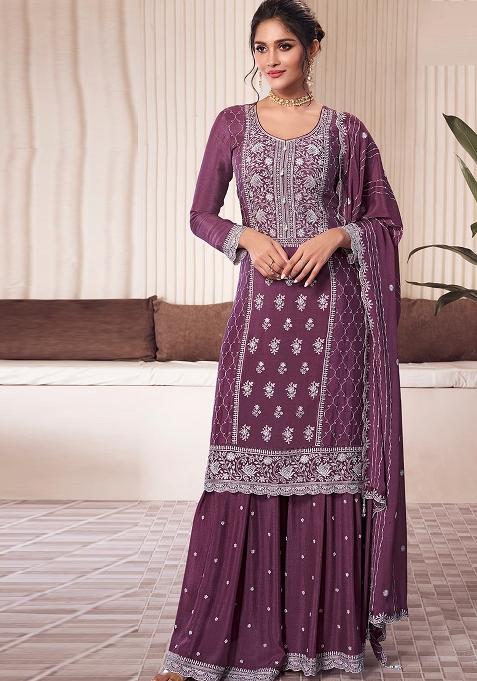 Wine Embroidered Silk Sharara Set