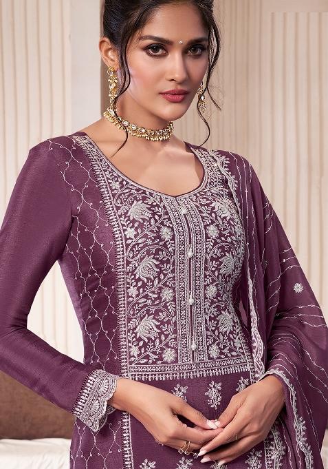 Wine Embroidered Silk Sharara Set