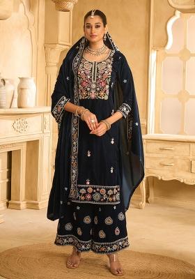 Dark Blue Embroidered Velvet Plazzo Set