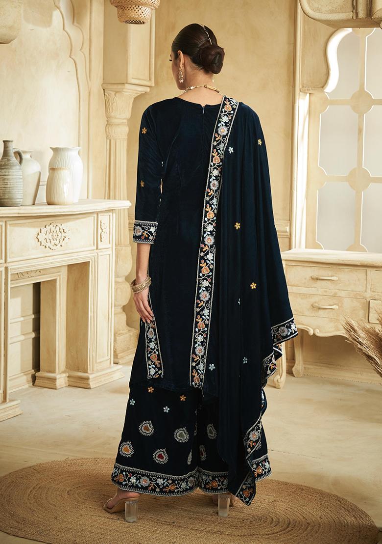 Dark Blue Embroidered Velvet Plazzo Set - Indya