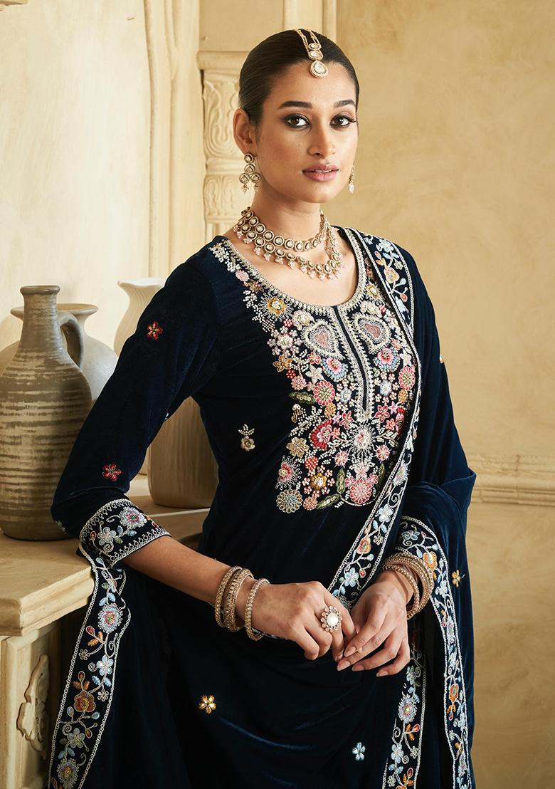 Dark Blue Embroidered Velvet Plazzo Set - Indya