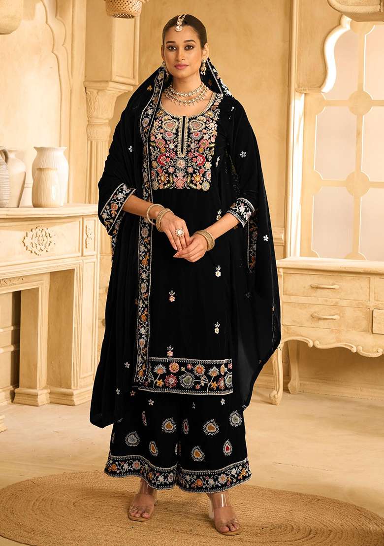 Black Embroidered Velvet Sharara Set - Indya