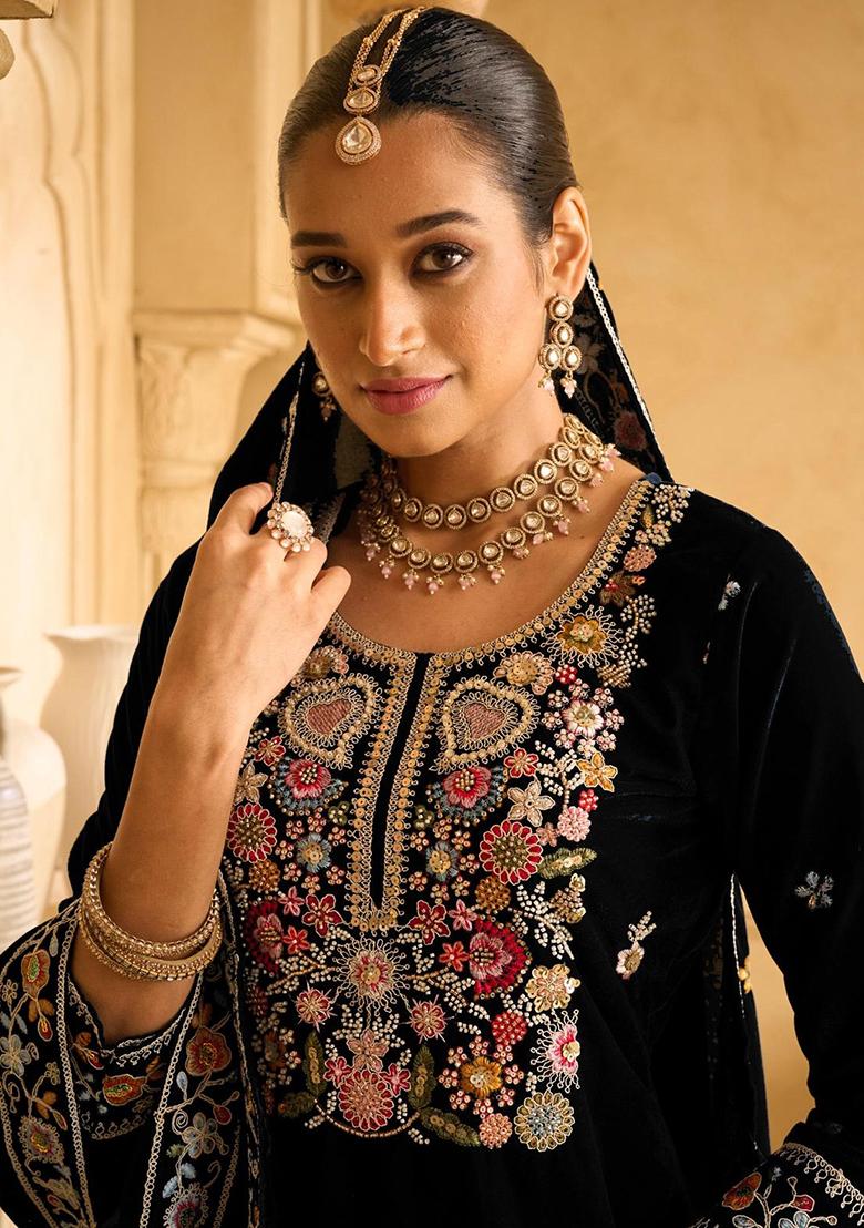 Black Embroidered Velvet Plazzo Set - Indya