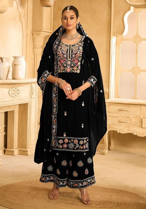 Black Embroidered Velvet Plazzo Set