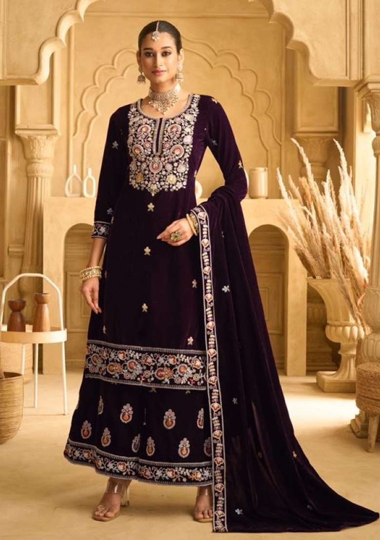 Dark Maroon Embroidered Velvet Sharara Set - Indya