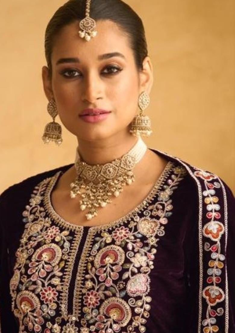 Dark Maroon Embroidered Velvet Plazzo Set - Indya