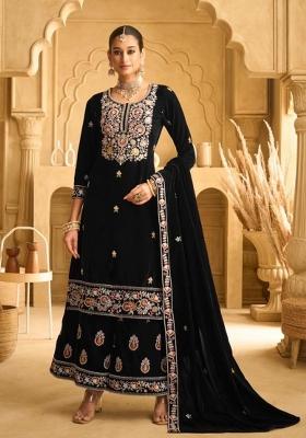 Black Embroidered Velvet Plazzo Set