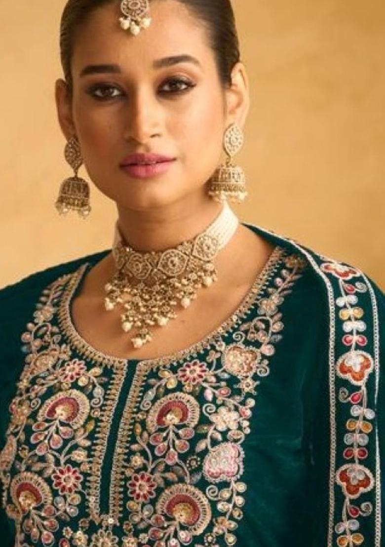 Dark Green Embroidered Velvet Plazzo Set - Indya