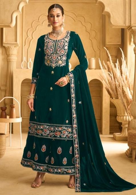 Dark Green Embroidered Velvet Plazzo Set