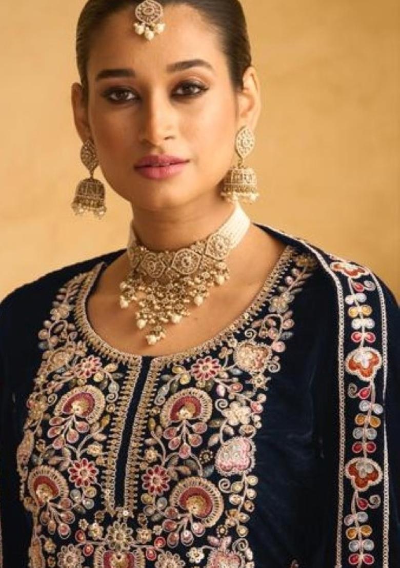 Dark Blue Embroidered Velvet Plazzo Set - Indya